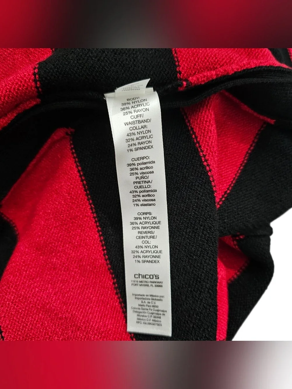Chico's Black & Red Striped Knit Cowl Neck Pullover Sweater Long Sleeve 2 NEW